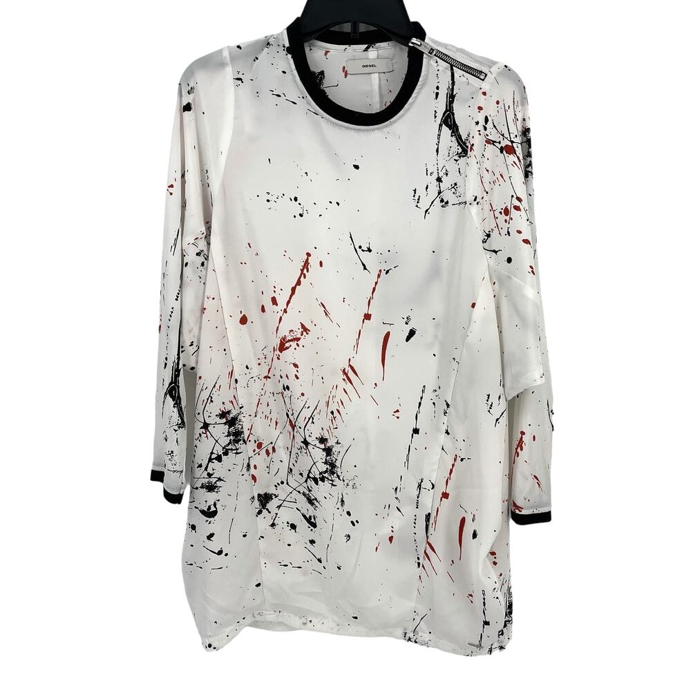 Diesel Paint Splatter Long Tunic Top Shirt Womens Size XXS White Black Red Artsy